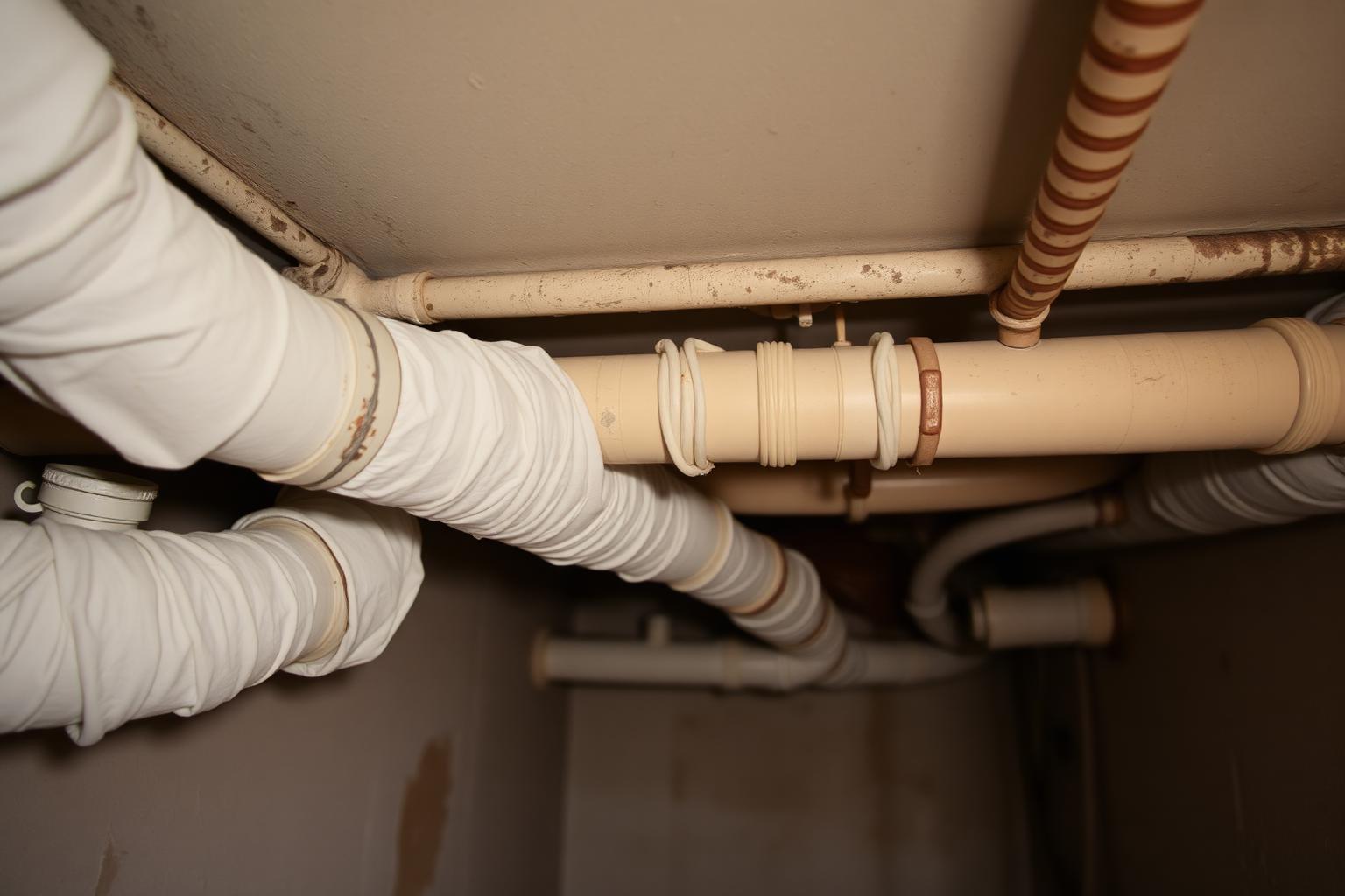 Old basement pipes wrapped in worn white insulation