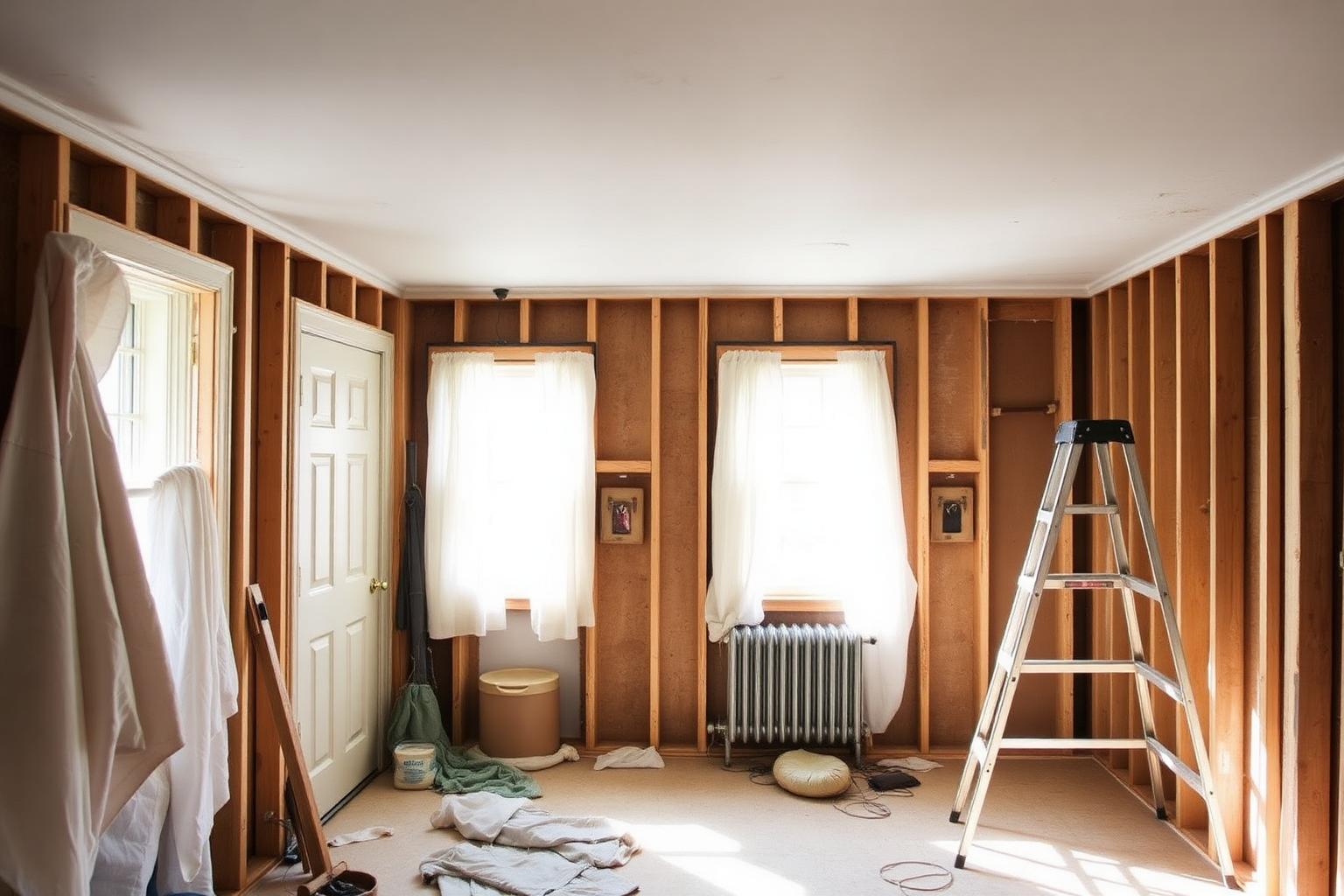 Older Long Island home mid-renovation with exposed wall studs