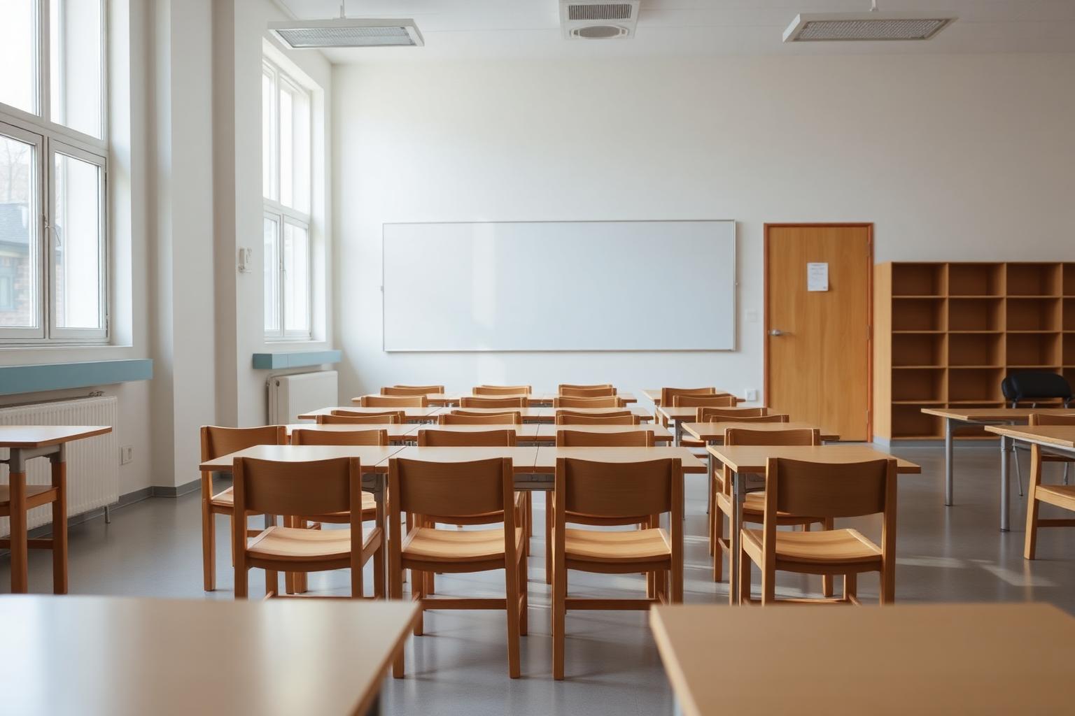 Empty elementary school classroom with morning light