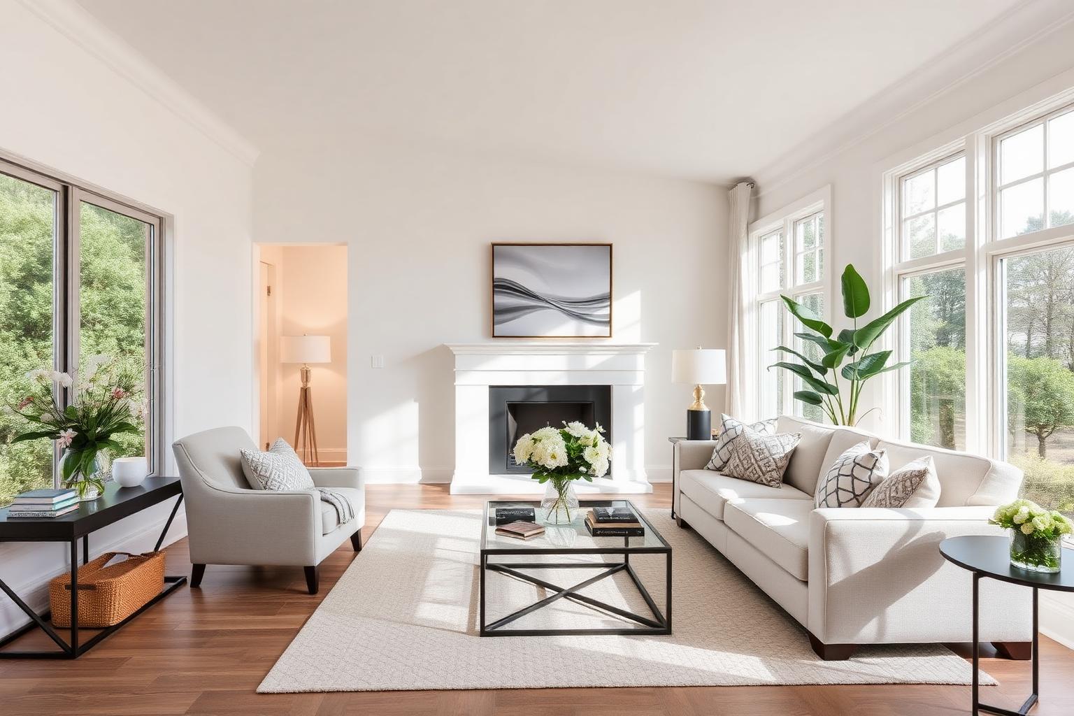 Bright staged living room prepared for a home listing