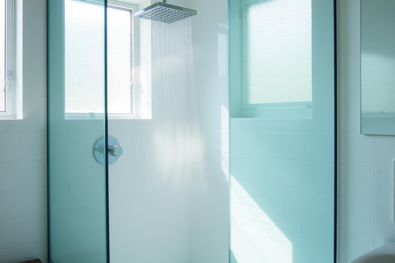 Clean modern bathroom with morning steam in the shower