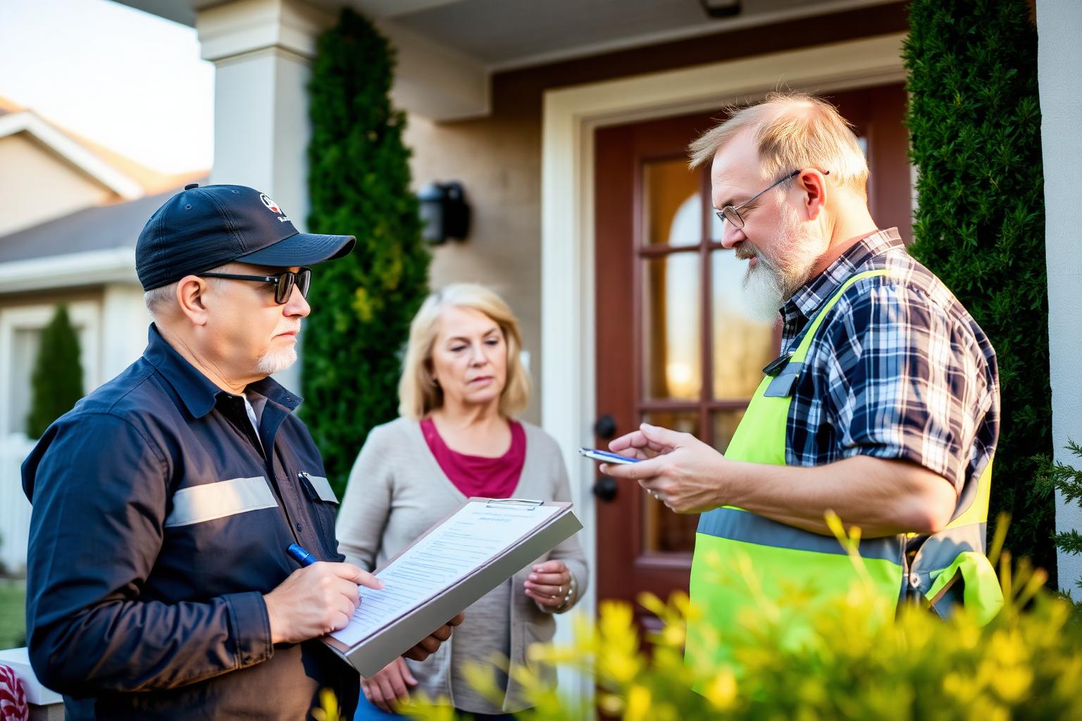 Inspector reviewing a checklist with a homeowner at a front door