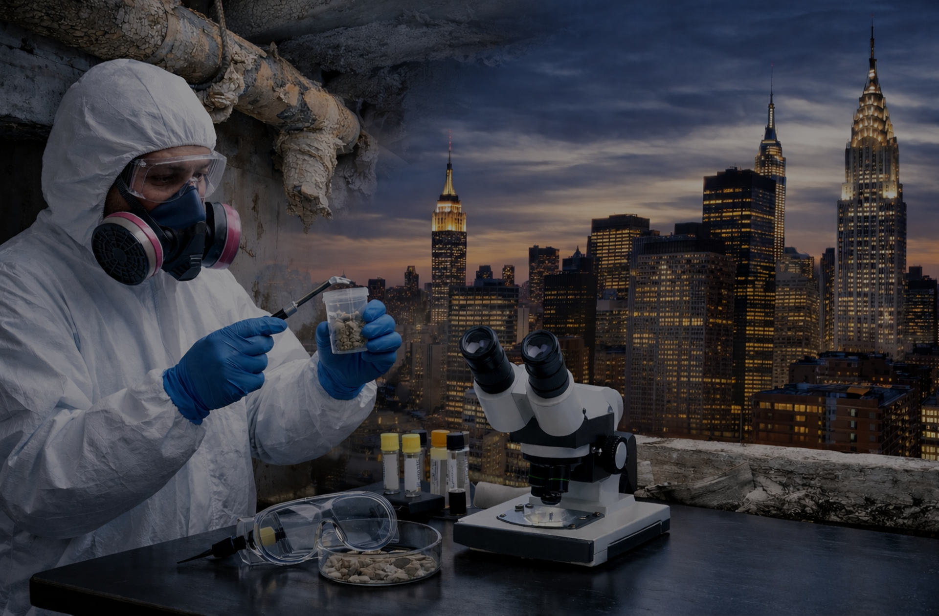 Certified asbestos inspector collecting a building-material sample for laboratory analysis
