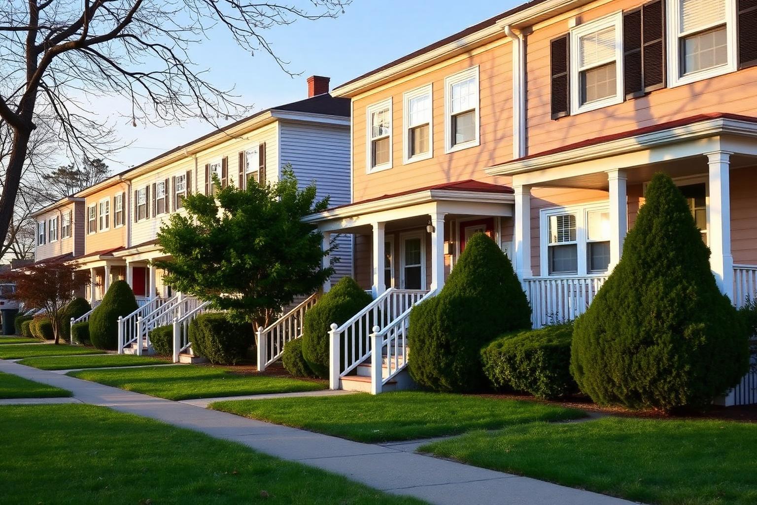 Row of Long Island rental townhouses at early evening