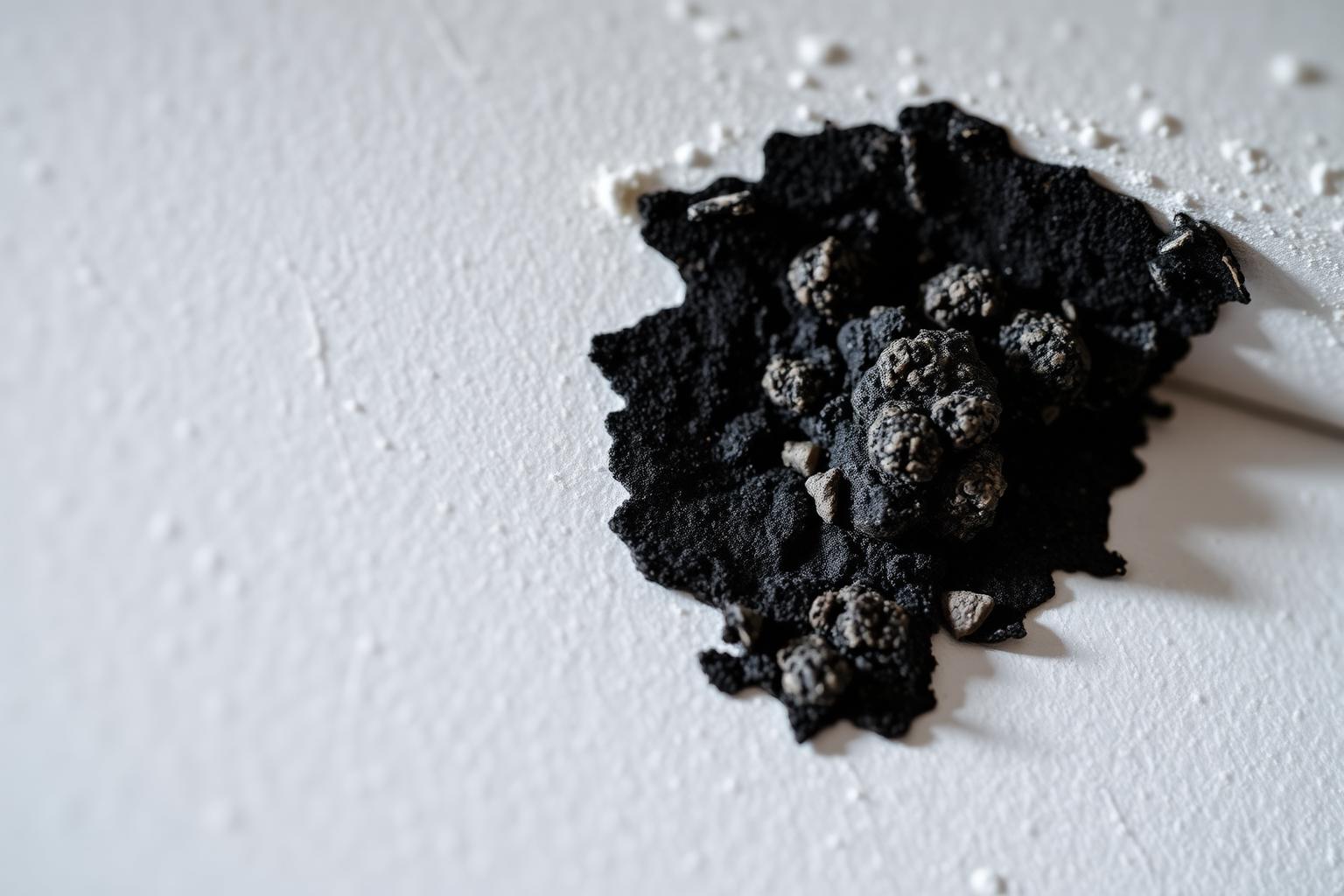 Close-up of a dark mold colony on drywall