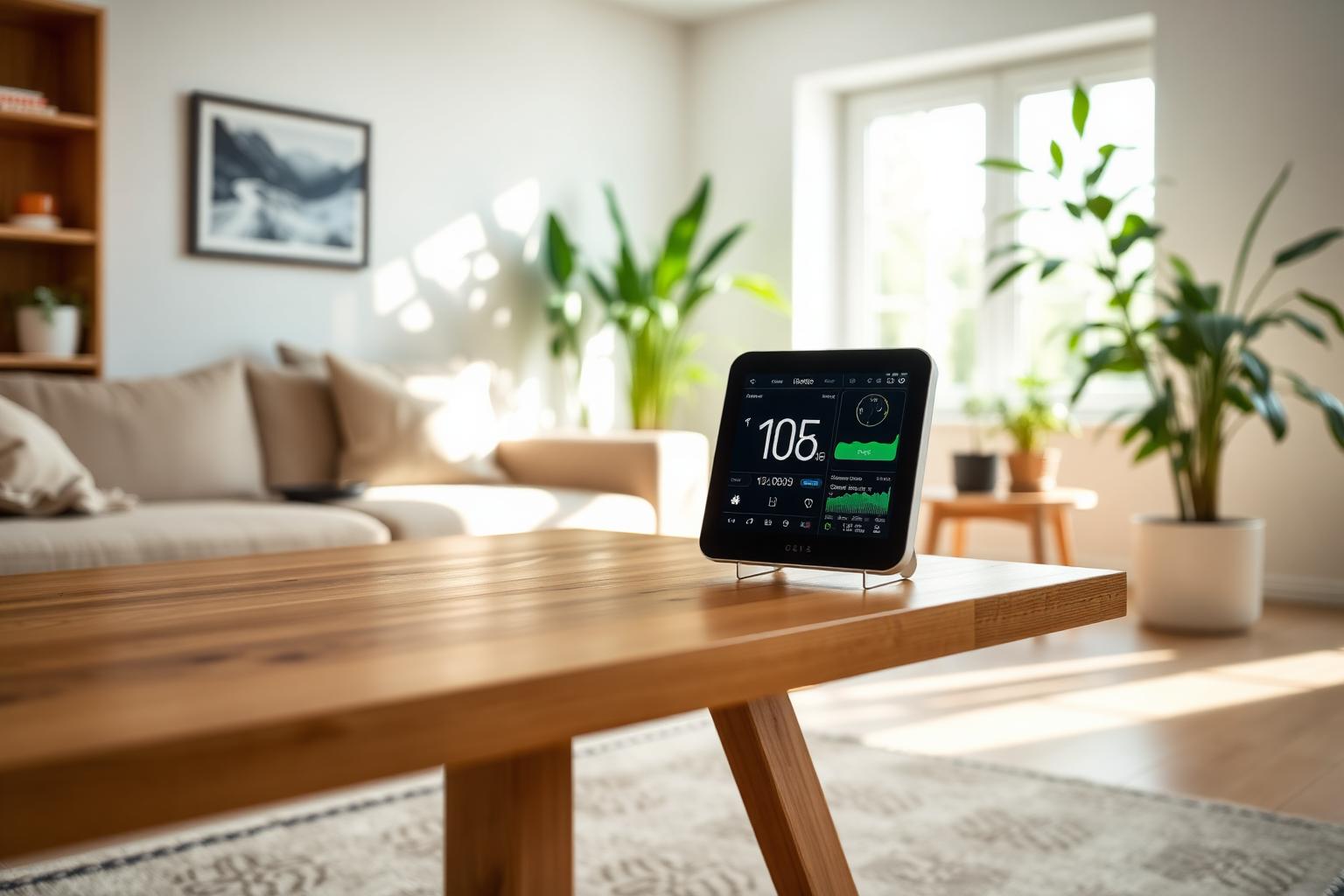 Modern indoor air quality monitor on a wooden table