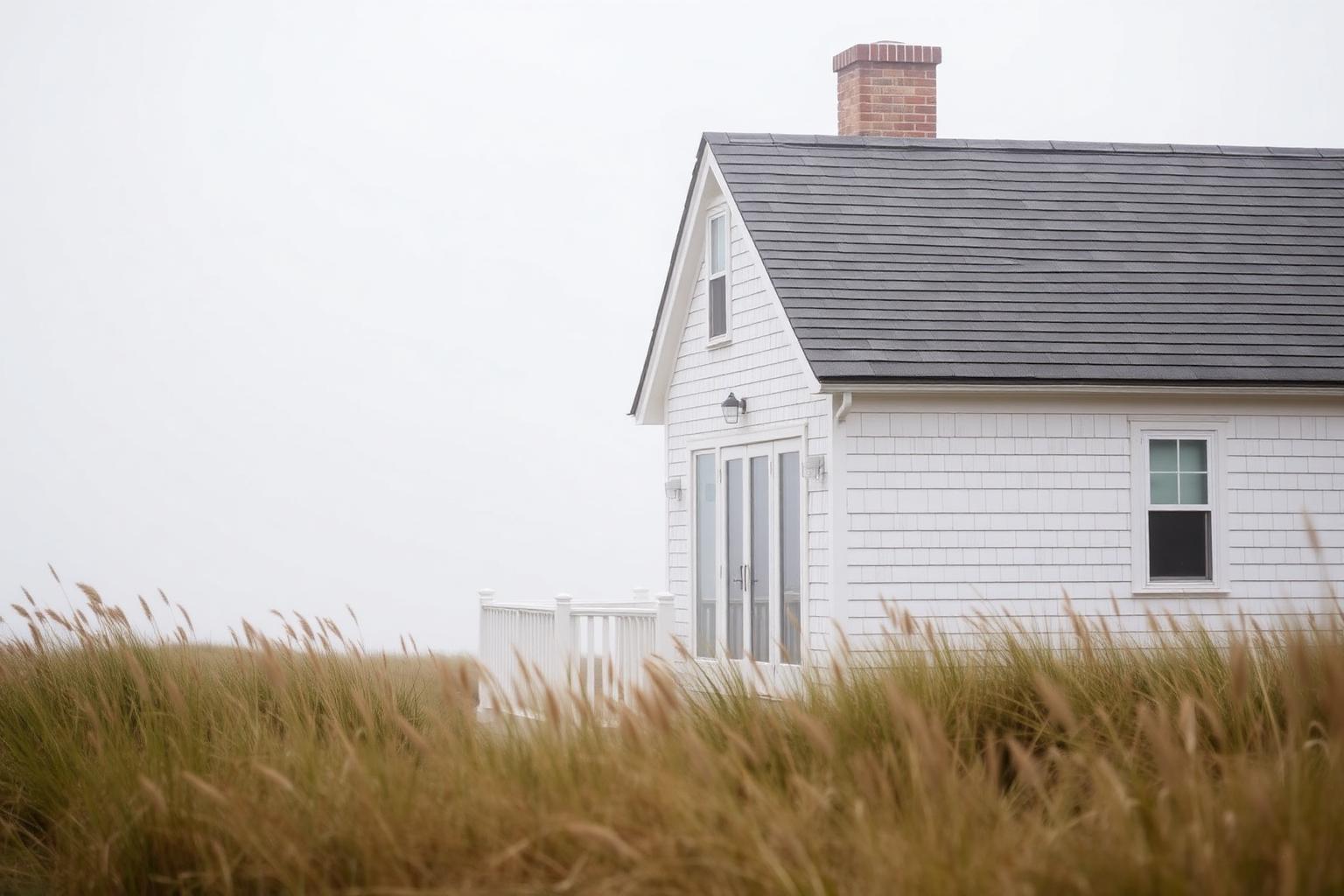 Hamptons shingled cottage in soft coastal fog