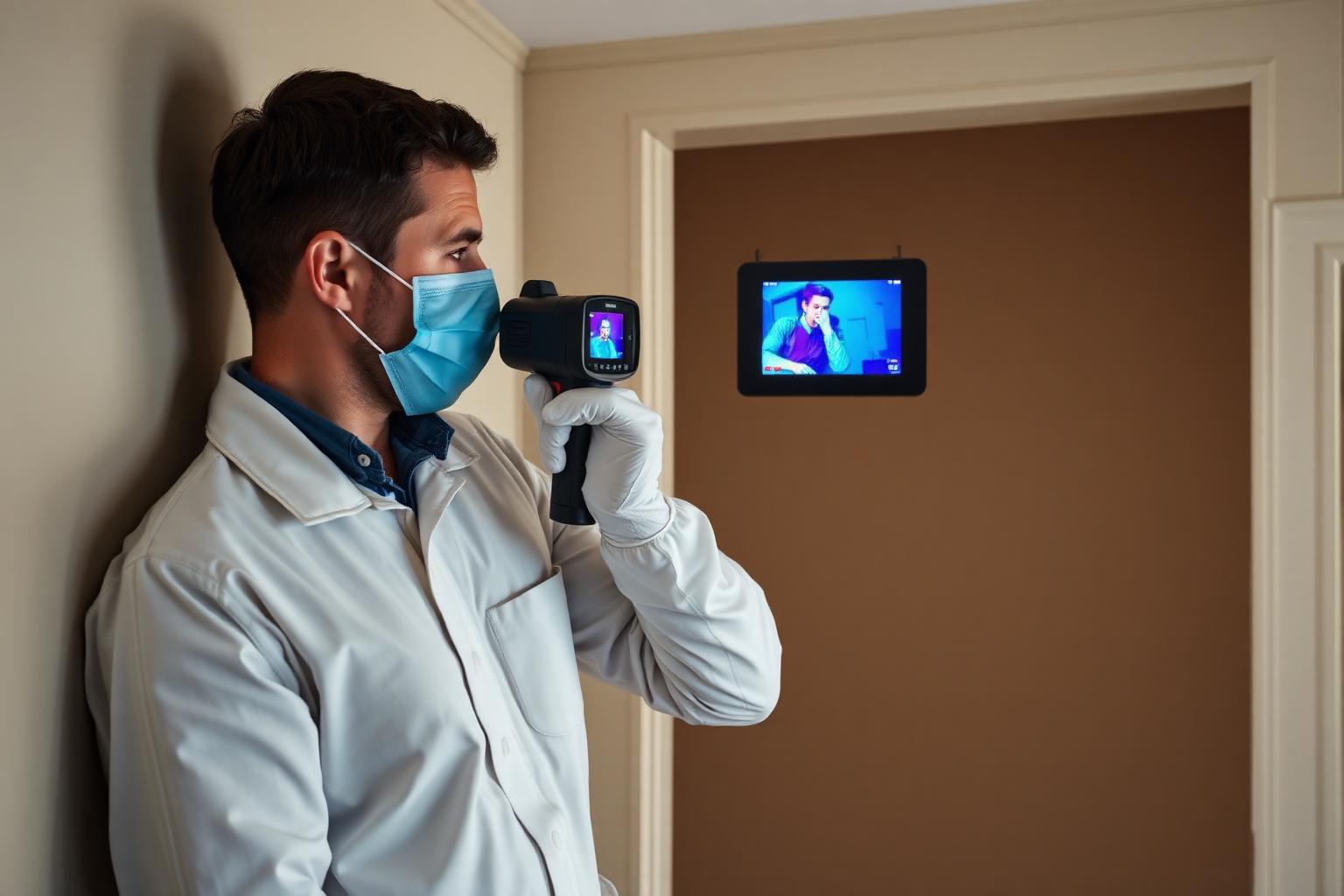 Inspector using a thermal imaging camera on a residential wall