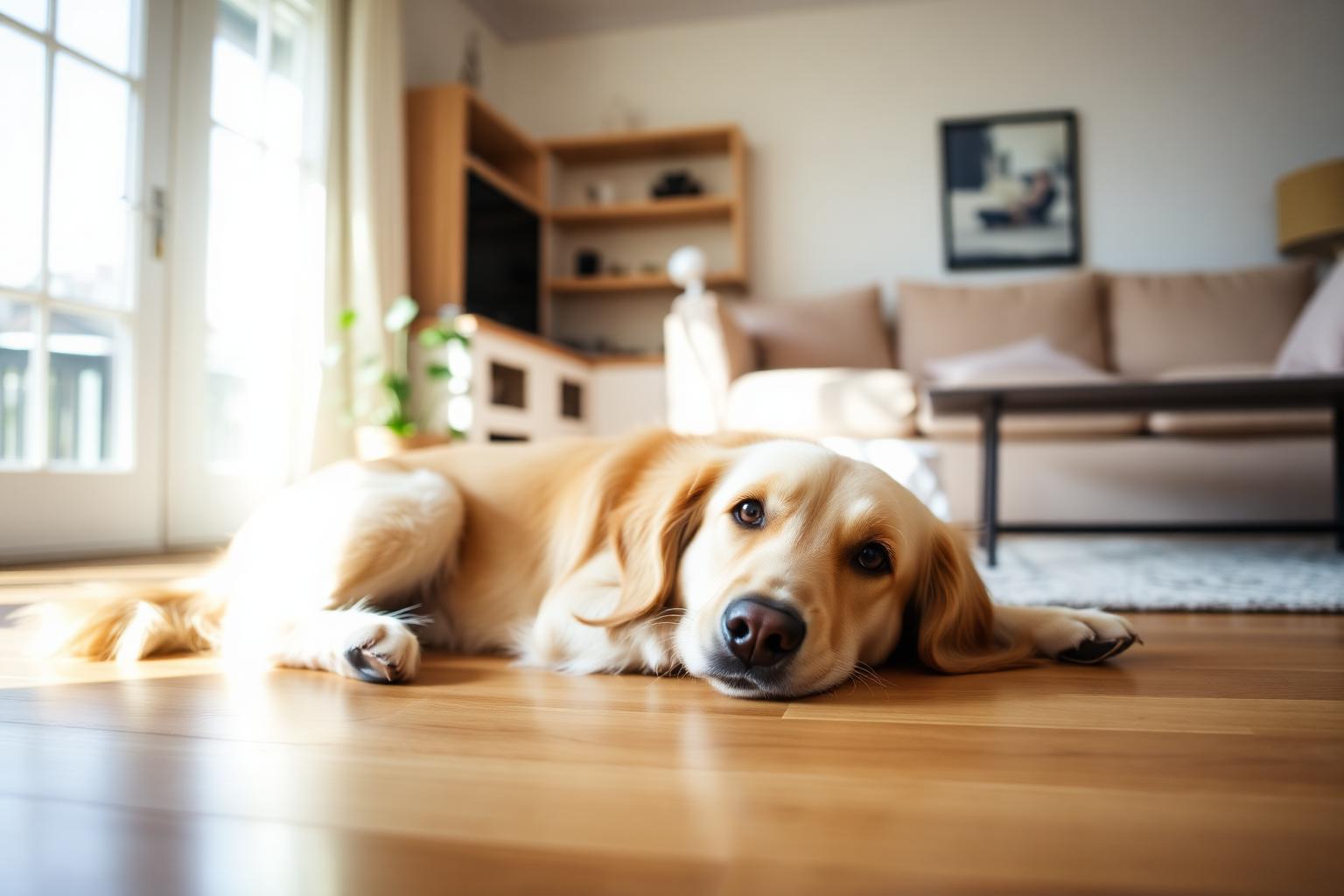 Calm golden retriever lying on a sunlit hardwood floor