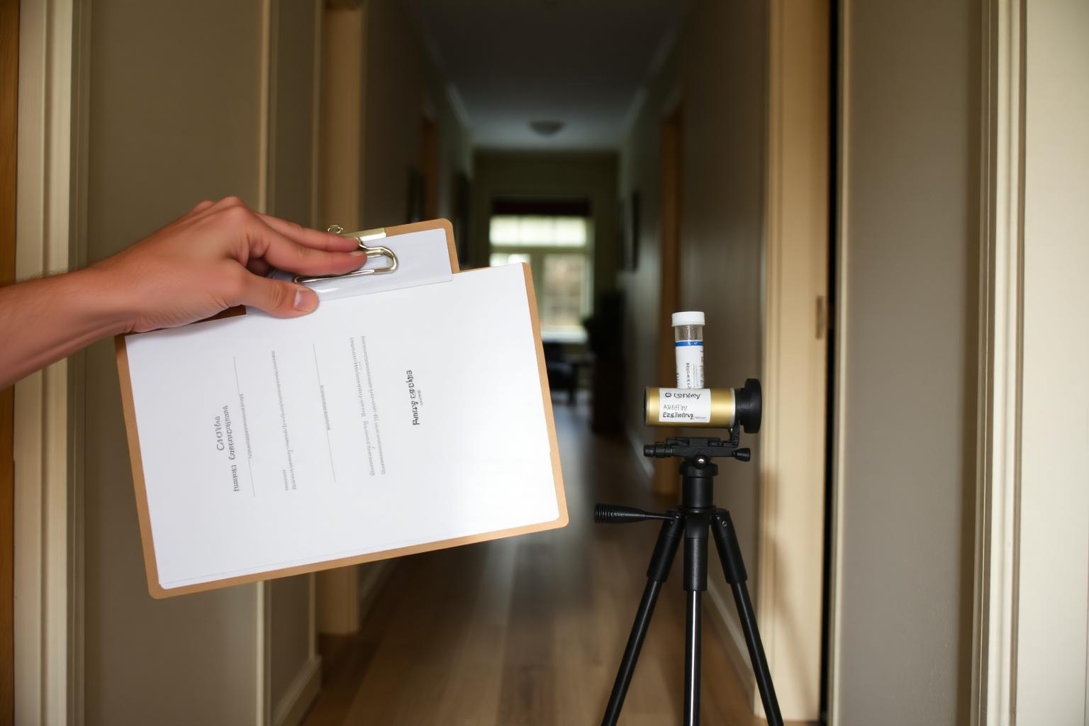 Hand holding a clipboard next to an air sampling cassette on a tripod
