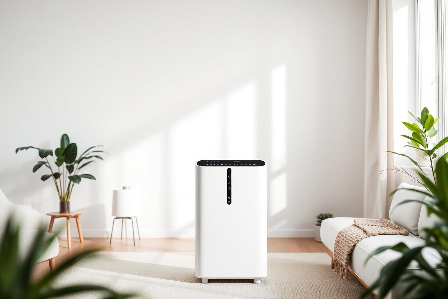 Modern HEPA air purifier in a bright minimalist living room