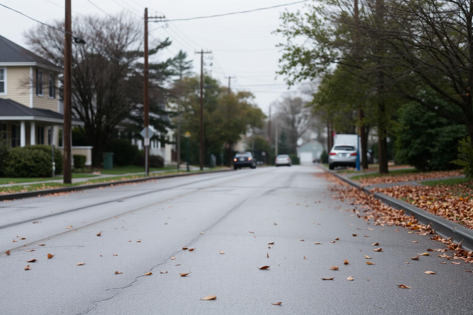 Quiet Long Island street with wet pavement after a storm