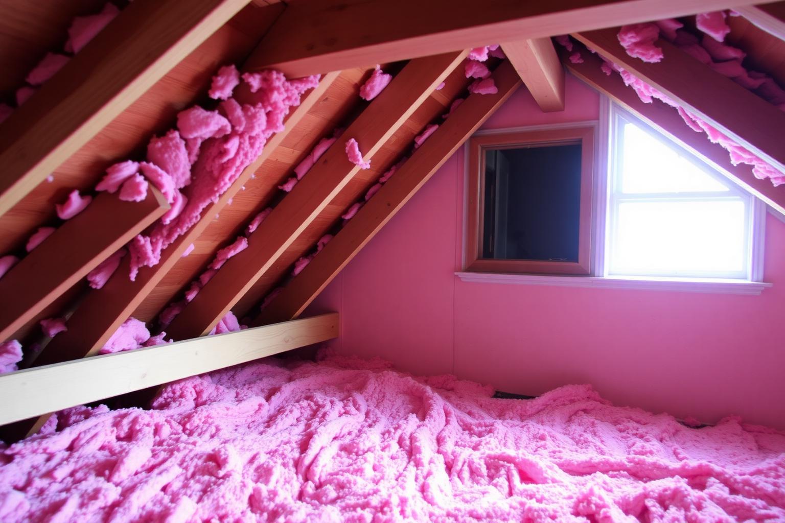 Residential attic with exposed rafters and pink fiberglass insulation