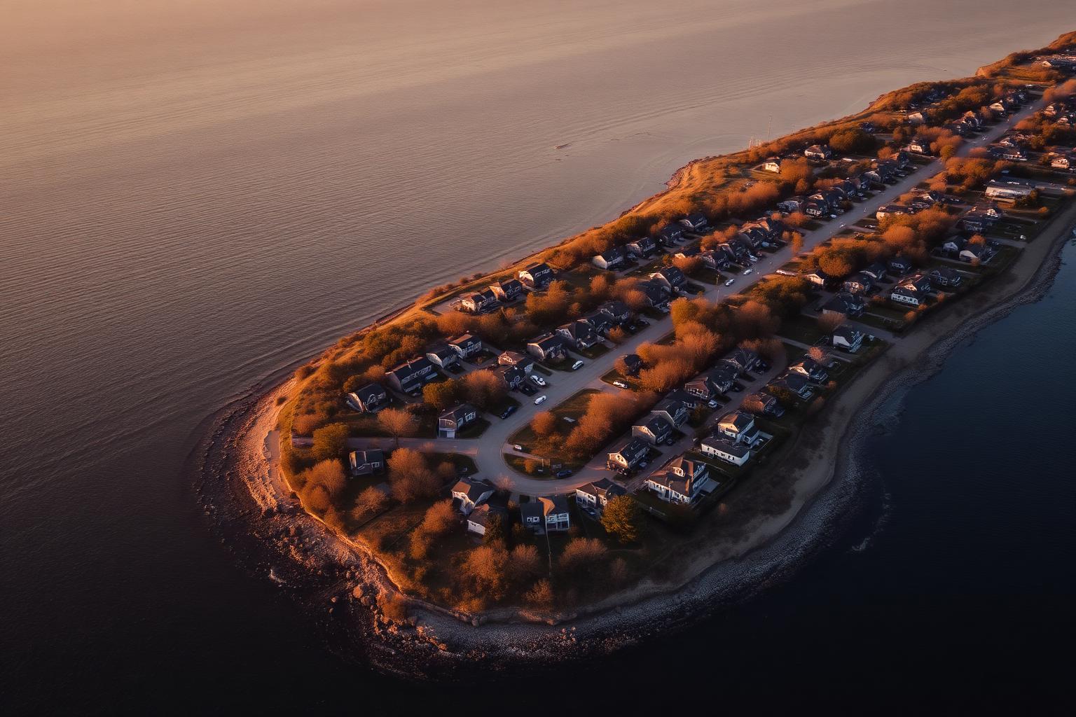 Aerial view of a Long Island coastal neighborhood at sunset