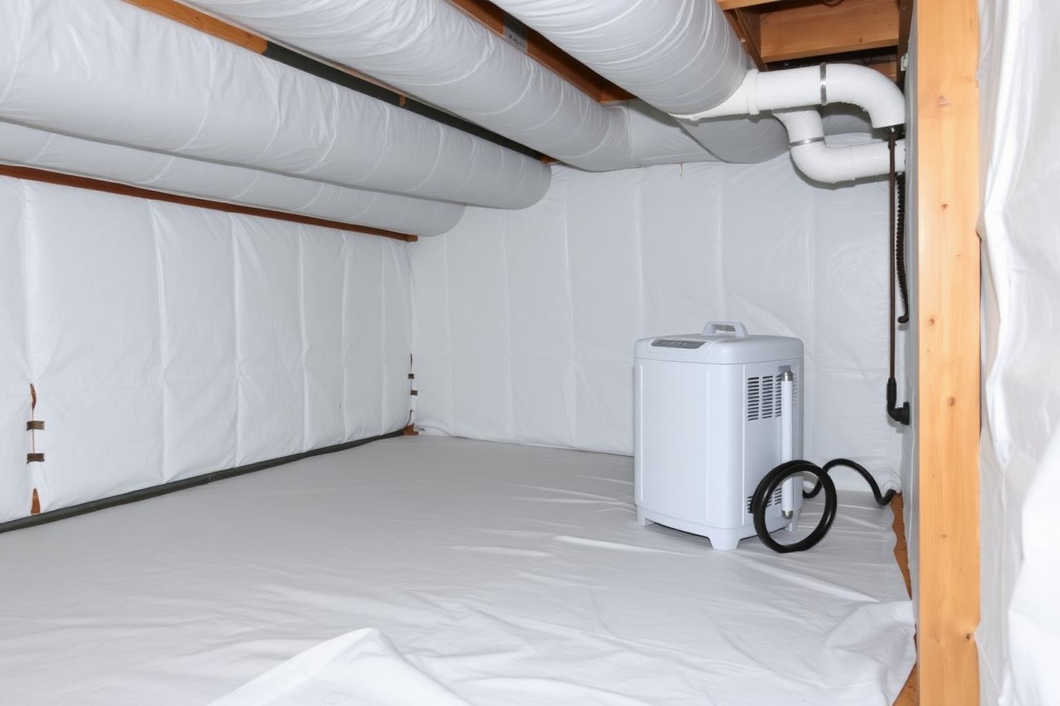 Encapsulated crawl space with vapor barrier and dehumidifier