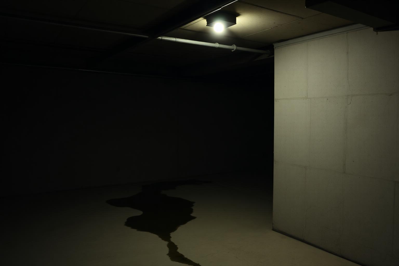 Dim Suffolk County basement with water marks on the floor