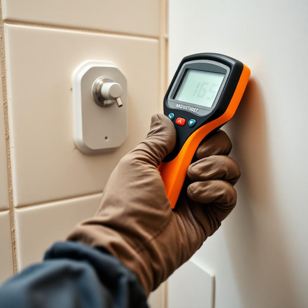 Inspector using a moisture meter on a bathroom wall near the shower valve