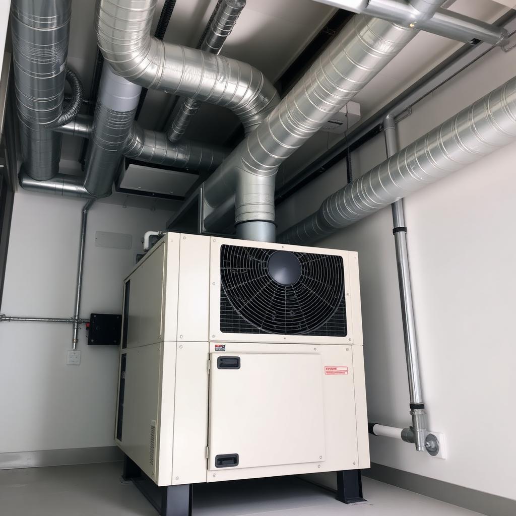 Modern residential HVAC air handler with visible ductwork in a clean utility room