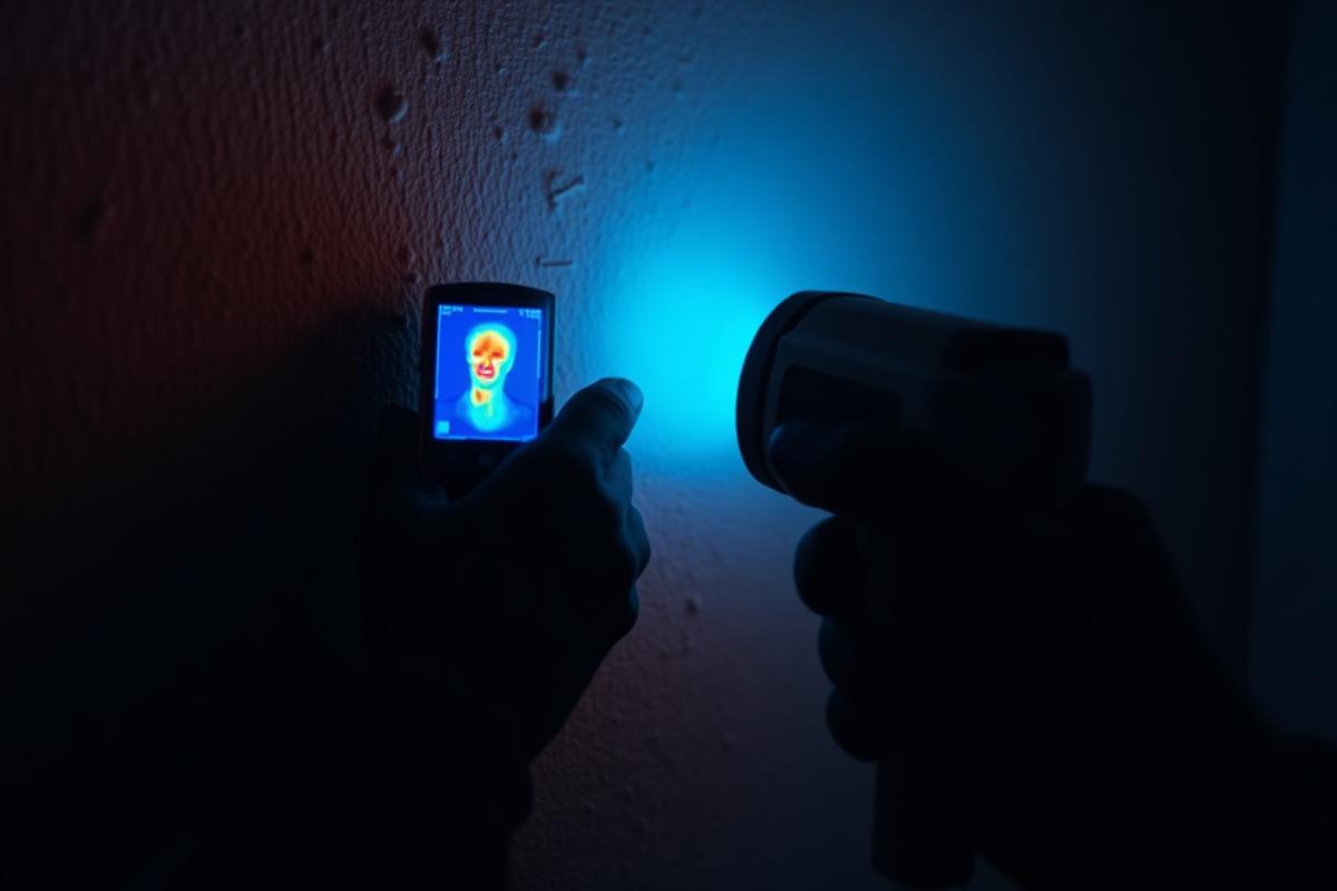 Inspector using thermal imaging to detect hidden moisture